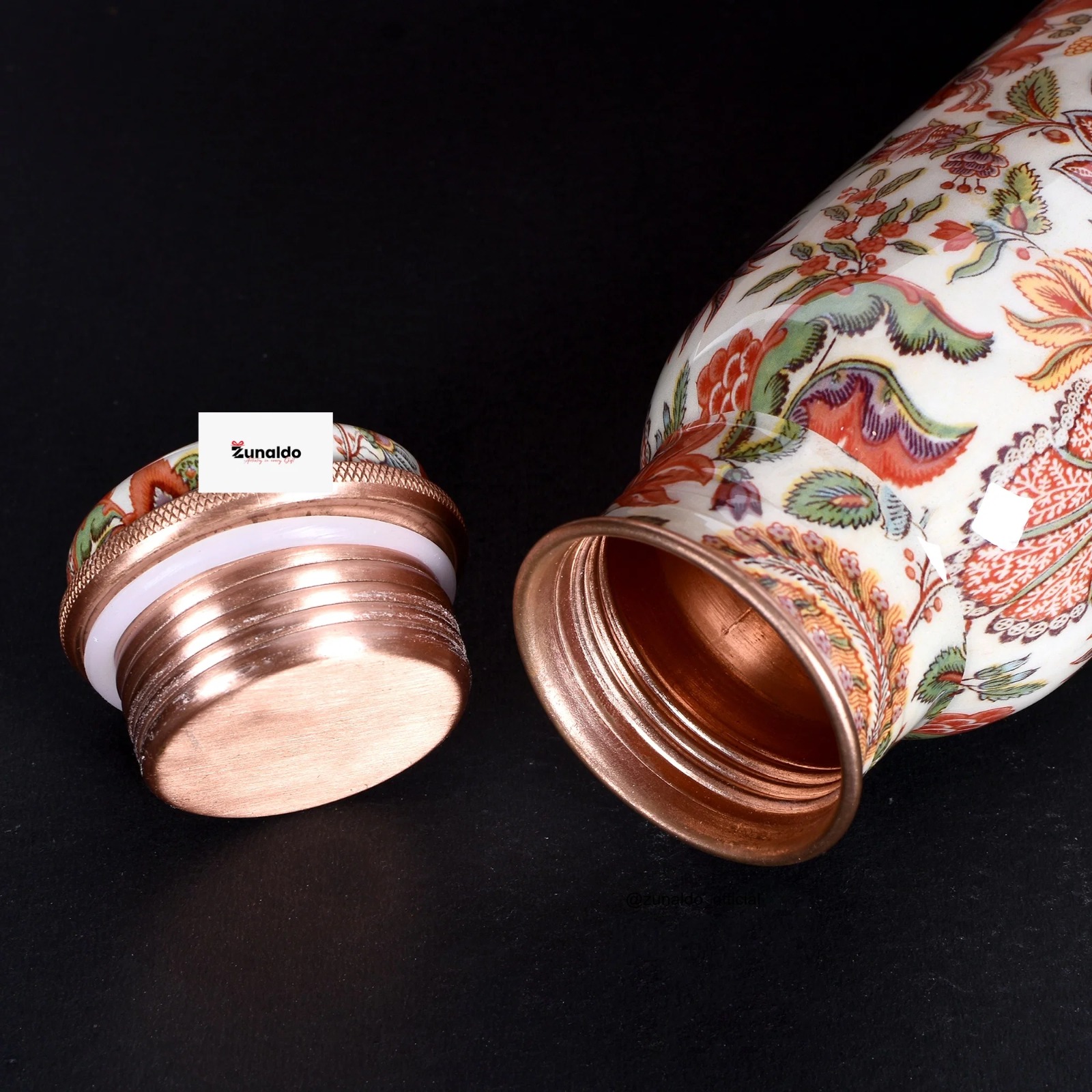 Floral Print Pure Copper Bottle – 900 ml | Handcrafted Ayurvedic Water Bottle by Zunaldo