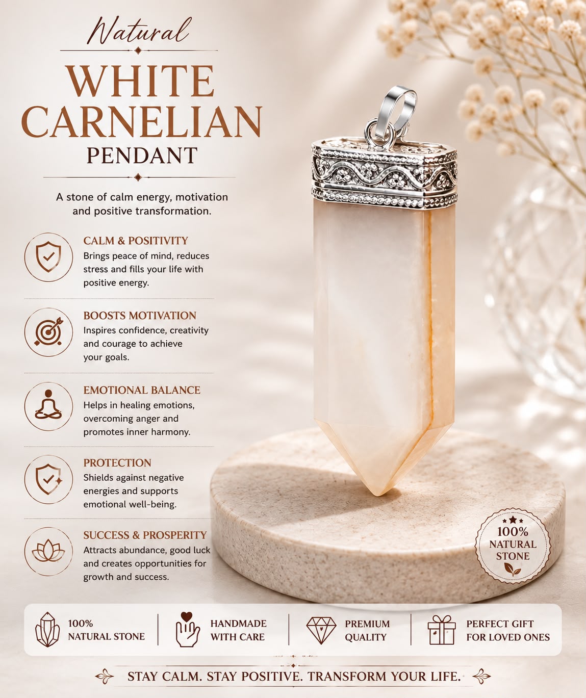 white carnelian crystal pendant