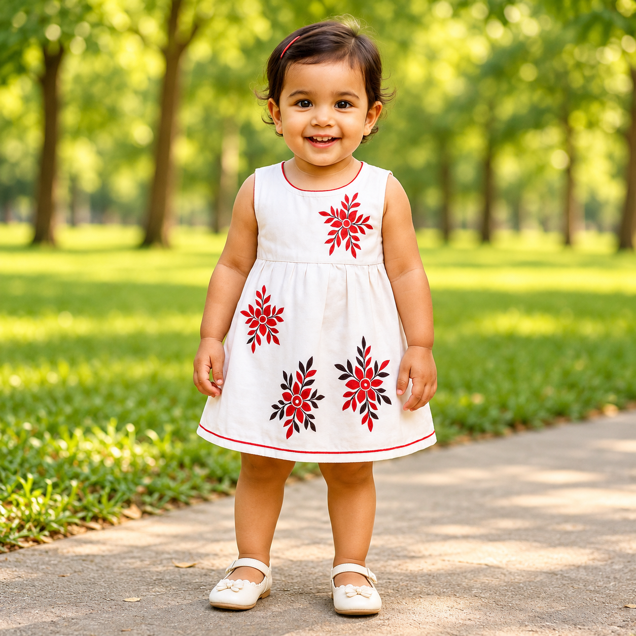 Toddler Flower Embroidered Dress Adorable white dress with red and black floral patterns